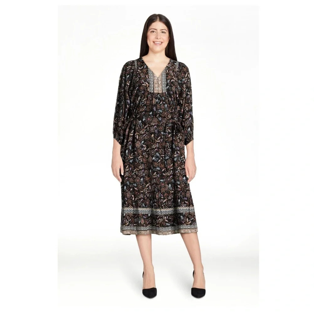 New Beachlunchlounge Floral Bohemian Cottage Belted V Neck‎ Midi Dress XL